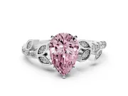 Fancy Pink Pear Cut Diamond Solitaire Leaf-Inspired Ring Set in Silver with Pavé Band and Prong Setting