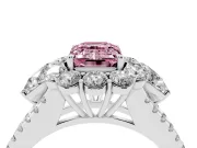 Fancy Pink Emerald Cut Diamond Halo Split Shank Engagement Ring Set in Platinum with Prong-Held Center Stone