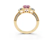 Fancy Pink Cushion Cut Diamond Three-Stone Ring Set in Yellow gold with Round Side Stones and Pavé Band