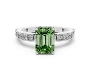 Fancy Green Emerald Cut Diamond Solitaire Ring Set in Silver with Slim Pavé Band and Prong Setting
