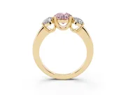 Fancy Pink Oval Cut Diamond Three-Stone Ring Set in Yellow gold with Polished Band and Prong Setting