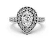 Pear Cut Diamond Halo Ring Set in Platinum with Round Accent Halo, Pavé Band and Prong Setting