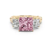 Fancy Pink Princess Cut Diamond Three-Stone Ring Set in Yellow gold with Braided Band