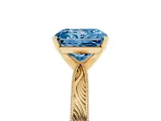 Fancy Blue Radiant Cut Diamond Solitaire Milgrain Engraved Band Set in Yellow gold with Prong Setting