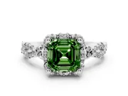Fancy Green Asscher Cut Diamond Halo Twist Band Solitaire Ring Set in White gold with Prong-Set Center Stone