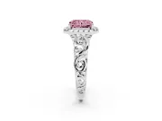 Fancy Pink Radiant Cut Diamond Halo Ring Set in White gold with Scrollwork Band and Prong Setting
