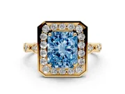 Radiant Cut Halo Engagement Ring Setting for a Fancy Blue Lab-Grown Diamond | Bezel Station Shoulders | Yellow Gold