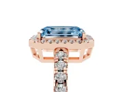 Fancy Blue Emerald Cut Diamond Halo Ring Set in Rose gold with Delicate Pavé Band and Prong Setting