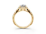 Cushion Cut Filigree Leaf Halo Engagement Ring Setting | Bezel Leaf Accents | Yellow Gold