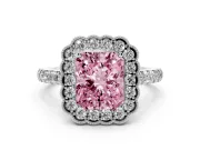 Fancy Pink Radiant Cut Diamond Milgrain Floral Halo Engagement Ring Set in White gold with Pavé Band