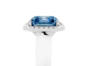 Fancy Blue Asscher Cut Diamond Halo Ring Set in Platinum with Cathedral Band and Prong Setting