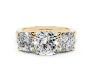 Cushion Cut Three Stone Engagement Ring Setting | Basket Prong Heads | Yellow Gold