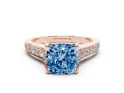 Fancy Blue Cushion Cut Diamond Solitaire Pavé Engagement Ring Set in Rose gold with Prong Setting
