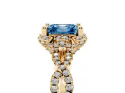 Fancy Blue Asscher Cut Diamond Halo Twist Band Solitaire Ring Set in Yellow gold with Prong-Set Center Stone
