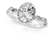 Oval Cut Diamond Vintage-Inspired Milgrain Ring Set in Platinum with Marquise Stations of Round Accents