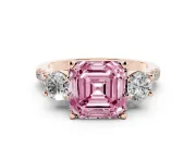 Fancy Pink Three-Stone Asscher Cut Diamond Pavé Band Ring Set in Rose gold with Prong-Set Trio