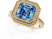 Asscher Cut Vintage Milgrain Halo Engagement Ring Setting for a Fancy Blue Lab-Grown Diamond | Bezel Head | Yellow Gold
