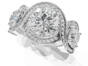 Round Three Stone Halo Engagement Ring Setting | Pavé Wave Band | Platinum