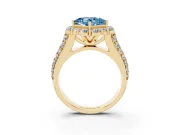 Fancy Blue Princess Cut Diamond Halo Engagement Ring Set in Yellow gold with Split Shank and Prong Setting