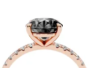 Fancy Black Round Cut Diamond Brilliant Solitaire Ring Set in Rose gold with Pavé Band and Prong Setting