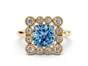 Cushion Cut Milgrain Cluster Halo Engagement Ring Setting for a Fancy Blue Lab-Grown Diamond | Plain Band | Yellow Gold