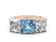 Princess Cut Three Stone Engagement Ring Setting for a Fancy Blue Lab-Grown Diamond | Beaded Shoulders | Rose Gold