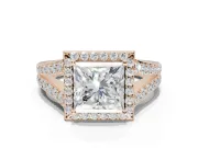 Princess Cut Halo Pavé Engagement Ring Setting | Narrow Split Shank | Rose Gold