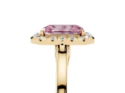 Fancy Pink Emerald Cut Halo Round Diamond Solitaire Ring Set in Yellow gold with Pavé Band and Prong Setting
