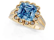 Asscher Cut Floral Halo Engagement Ring Setting for a Fancy Blue Lab-Grown Diamond | Pavé Split Shank | Yellow Gold