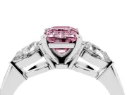 Fancy Pink Three-Stone Emerald Cut Diamond Ring Set in Silver with Pear Side Stones and Prong Setting