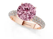 Fancy Pink Round Cut Diamond Solitaire Ring Set in Rose gold with Prong Setting and Pavé-Set Band