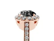 Fancy Black Round Cut Diamond Floral Halo Ring Set in Rose gold with Pavé Band and Prong Setting