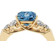 Fancy Blue Princess Cut Diamond Cluster Ring Set in Yellow gold with Round Accent Stones and Prong Setting on a Plain Band
