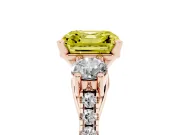Fancy Yellow Three-Stone Asscher Cut Diamond Pavé Band Ring Set in Rose gold with Prong-Set Trio