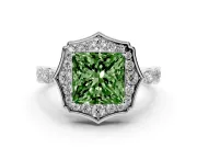 Princess Cut Scalloped Halo Engagement Ring Setting for a Fancy Green Lab-Grown Diamond | Pave Band | Sterling Silver