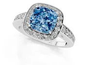 Fancy Blue Cushion Cut Diamond Halo Pavé Engagement Ring Set in Platinum with Bezel Setting