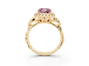 Fancy Pink Princess Cut Diamond Halo Ring Set in Yellow gold with Scrollwork Band and Prong Setting