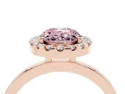 Fancy Pink Oval Cut Diamond Halo Solitaire Ring Set in Rose gold with Pavé Band and Prong Setting