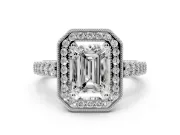 Emerald Cut Milgrain Halo Engagement Ring Setting | Graduated Bezel Accents | Platinum
