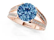 Fancy Blue Round Cut Diamond Split Shank Ring Set in Rose gold with Pavé Band and Prong Setting