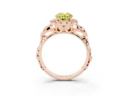 Fancy Yellow Oval Cut Diamond Halo Ring Set in Rose gold with Scrollwork Band and Prong Setting