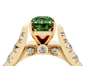 Fancy Green Emerald Cut Diamond Classic Solitaire Ring Set in Yellow gold with Pavé Band and Prong Setting