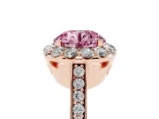 Fancy Pink Round Cut Diamond Floral Halo Ring Set in Rose gold with Pavé Band and Prong Setting