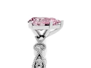 Fancy Pink Pear Cut Diamond Solitaire Engagement Ring Set in Platinum with Milgrain Bezel Accent Band