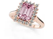 Fancy Pink Emerald Cut Diamond Halo Ring Set in Rose gold with Plain Solitaire Band and Prong Setting