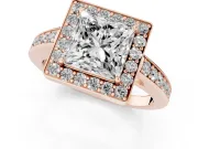 Princess Cut Diamond Halo Pavé Engagement Ring Set in Rose gold with Bezel Setting