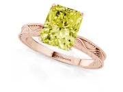 Fancy Yellow Radiant Cut Diamond Solitaire Milgrain Engraved Band Set in Rose gold with Prong Setting