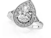 Pear Cut Diamond Halo Engagement Ring Set in Platinum with Milgrain Pavé Band