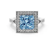 Princess Cut Milgrain Halo Engagement Ring Setting for a Fancy Blue Lab-Grown Diamond | Graduated Pavé | White Gold