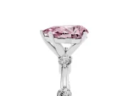 Fancy Pink Pear Cut Diamond Solitaire Ring Set in Platinum with Bezel Set Side Stones and Prong Setting